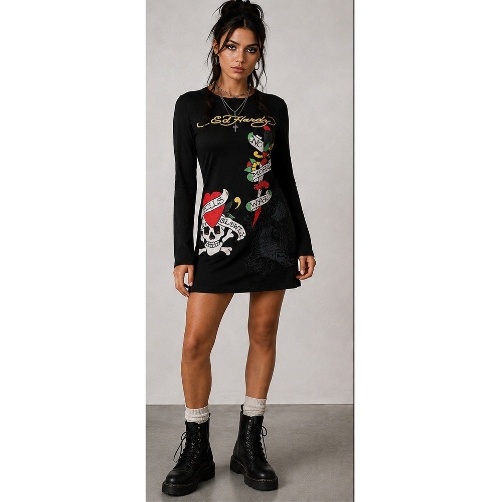 Ed Hardy Mini Dress Womens Medium Y2K Tattoo Print Skull Heart Black Long Sleeve
